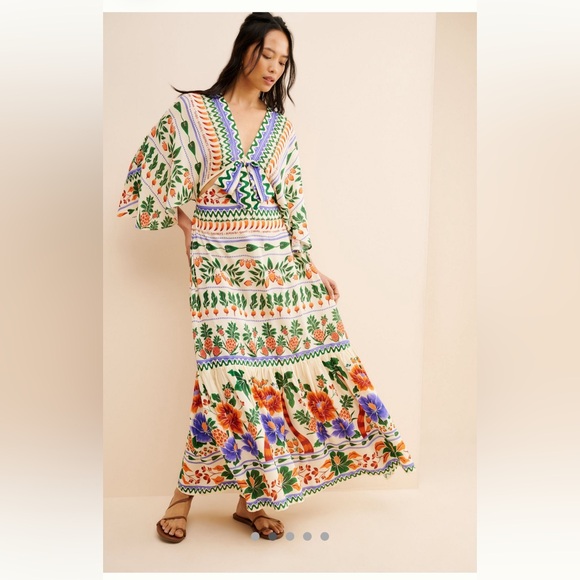 FARM Rio Dresses & Skirts - Farm Rio Size L V-Neck Kaftan Maxi Dress Colorful Coastal Cut Outs Resortwear